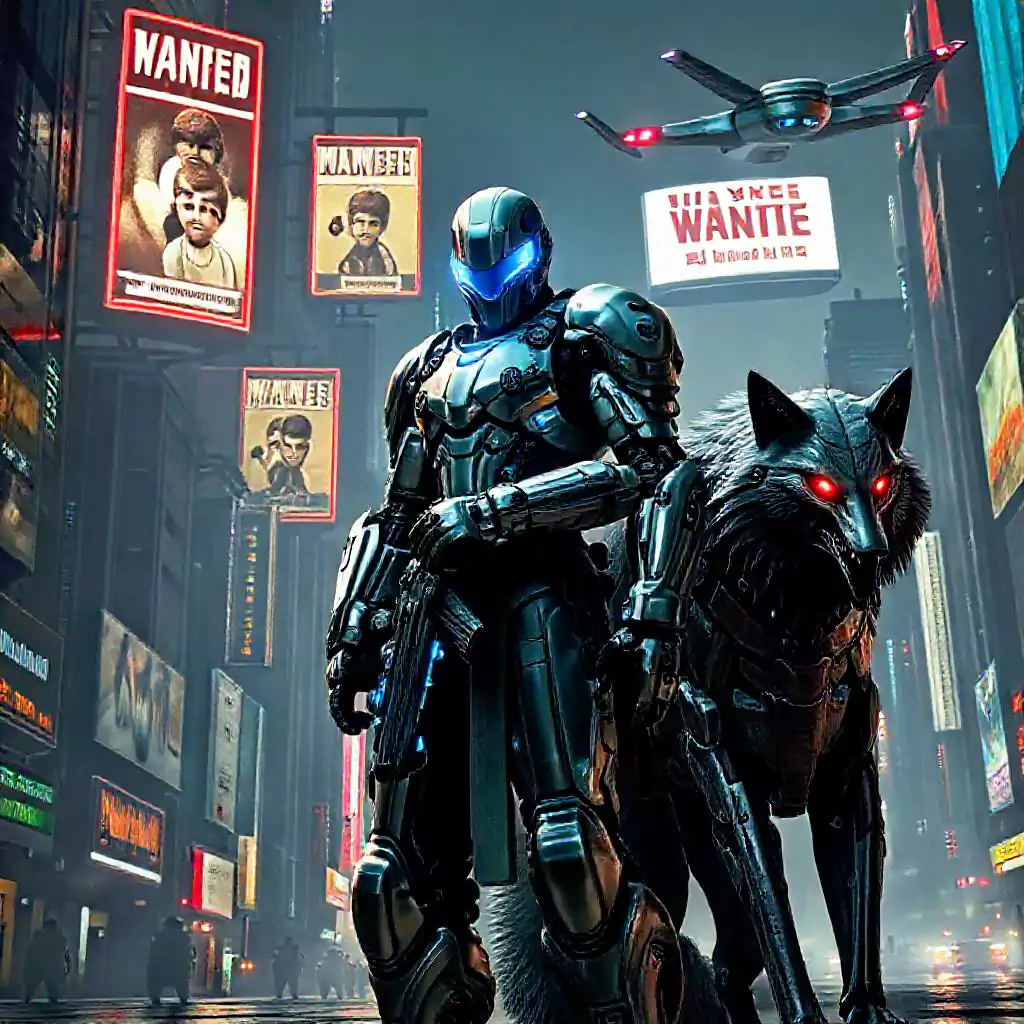 android-bounty-hunter-with-a-cybernetic-wolf-companion